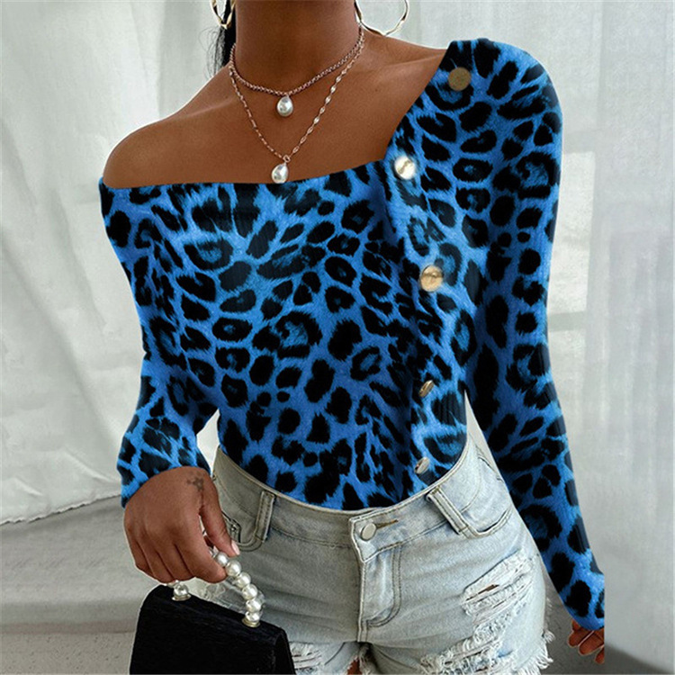 Title 2, Fashion Leopard Print Off Shoulder Long Sleeve Top