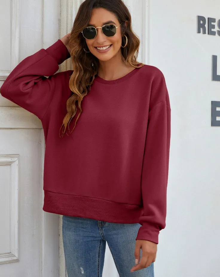 Plus Velvet Thick Casual Loose Round Neck Sweater Women's Blouse - Red