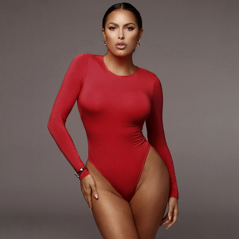 Women's O neck Long sleeved Solid Color Sexy Bodysuit Red - Shop at LoveMi