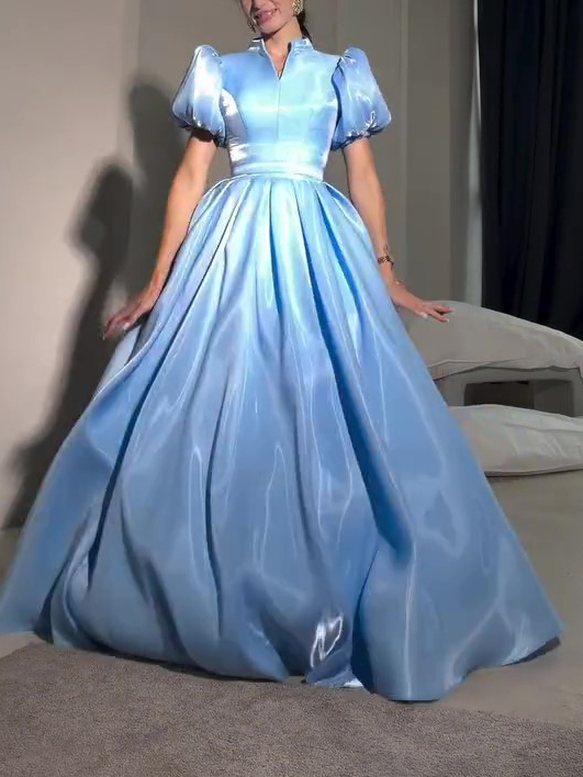 High-Neck Puff Short Sleeve Luminous Satin Ball Gown