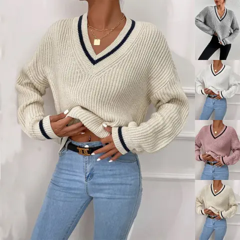 Winter Women's Clothes Cable Knit V Neck Sweaters Casual