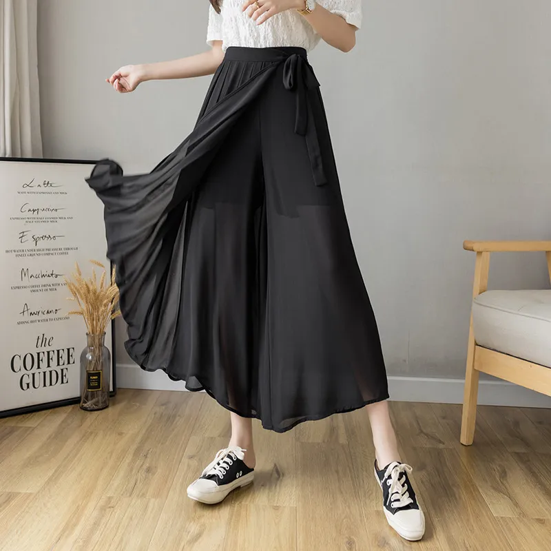 Women's Pleated Chiffon Plus Size Elastic Waist Casual Pant Skirt - Black