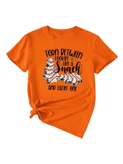 Simple Pattern Printing Ladies Round Neck Short Sleeve Tops - Orange Black Colour - View 1
