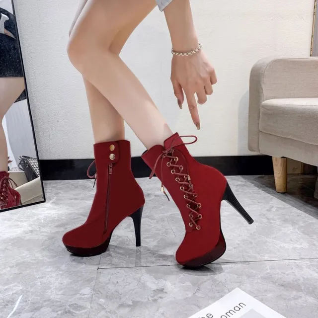 European And American Autumn And Winter High Heel Lace Up Short Boots Red - Shop at LoveMi