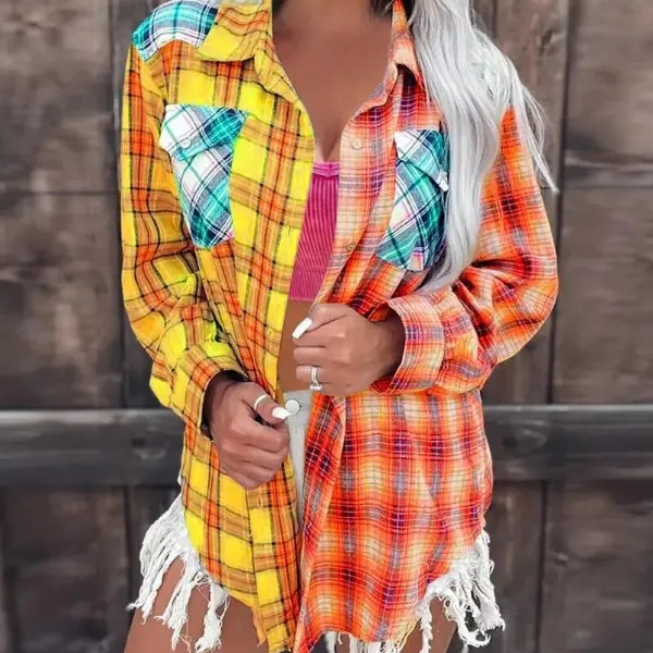 Colorblock Plaid Print Long-Sleeve Button-Up Shirt