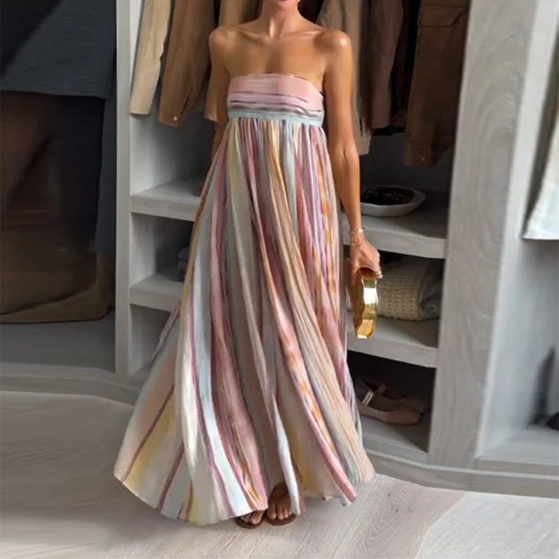 Loose Elegant Colorful Ruched Bandeau Maxi Dress