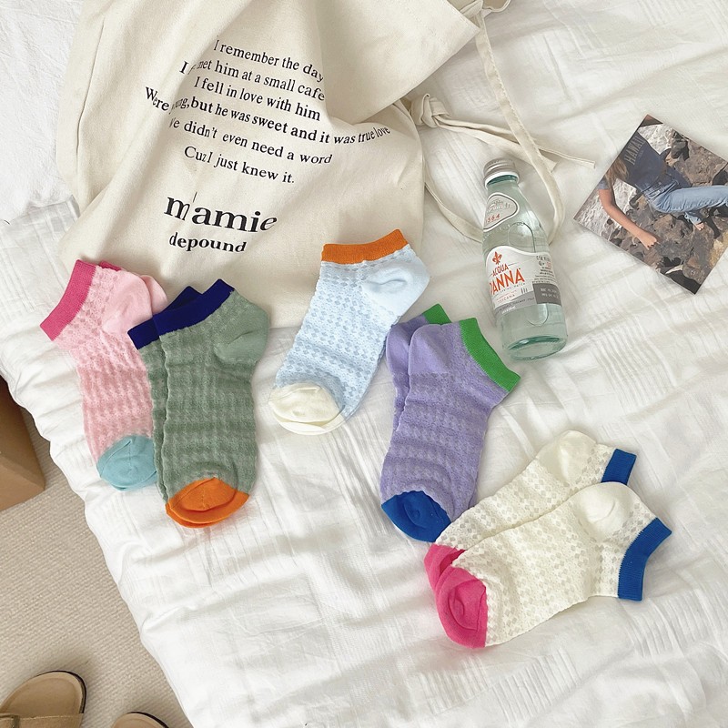 5airc Color Blocked Hollow Ultra-thin Boat Socks Women's Summer Short Socks Glass Stockings