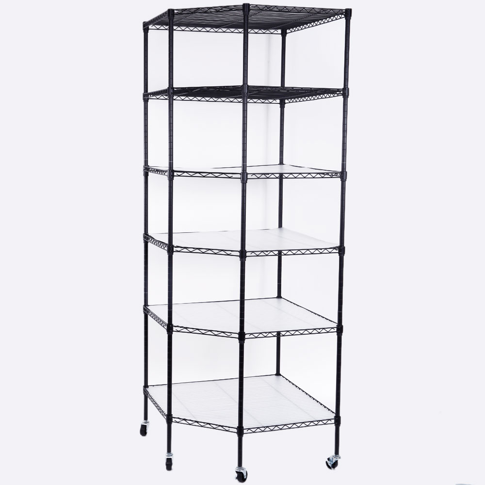 6-Layer Plastic Coated Polygonal Corner Shelf With 2in PP Wheels 680x680x1800 Black product image