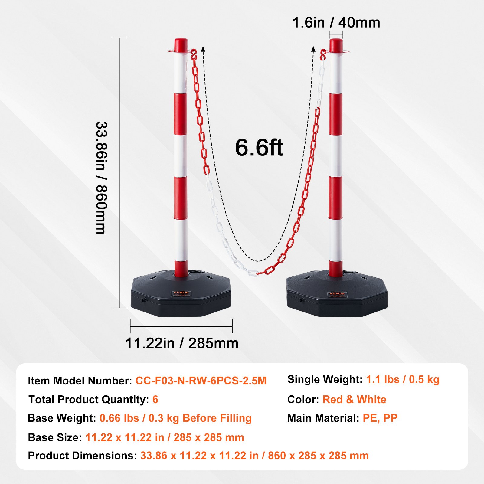 Adjustable Traffic Delineator Post Cones, 6 Pack, Traffic Safety Delineator Barrier With Fillable Base 2 M Chain, For Traffic Control Warning Parking Lot Construction Caution Roads, Red & Whi