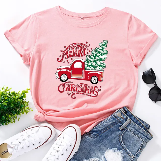 Women's Printed Loose Round Neck Short Sleeve T shirt Deep Pink - Shop at LoveMi