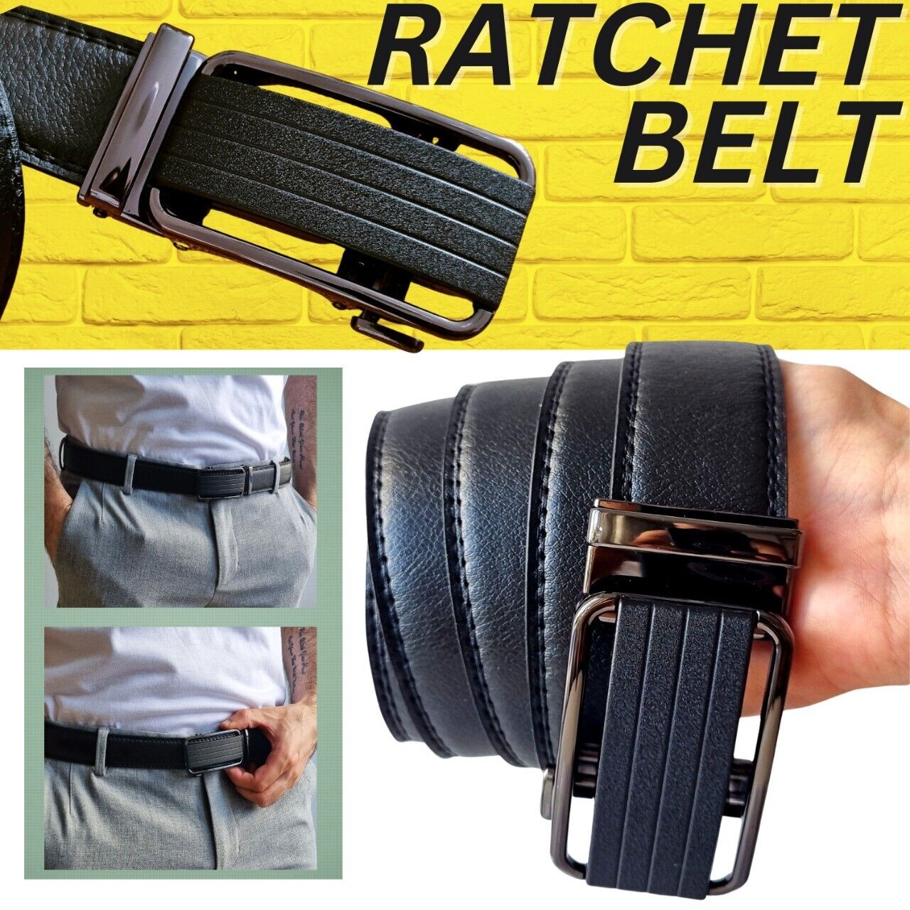 Men's Microfiber Leather Ratchet Belt with Slide Buckle, shipping details, features, and benefits of the product.