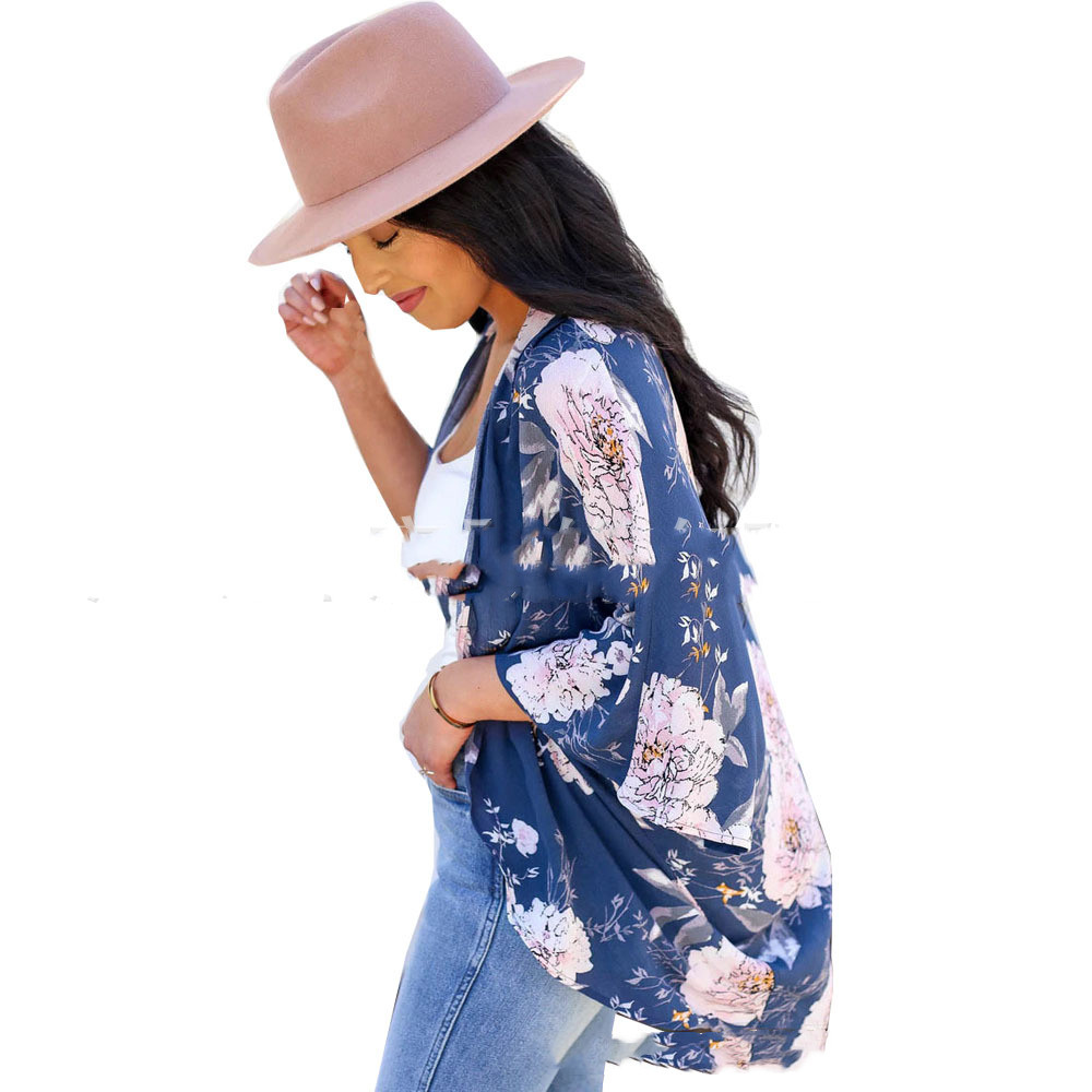 Printed Chiffon Shirts Long-sleeved Women's Sun Protection Clothing Beach Blouse