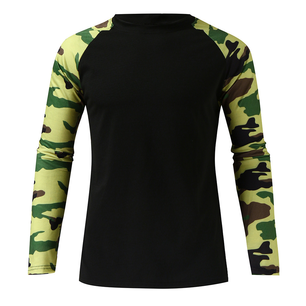 Men's Trim Round Collar Camo Sleeve T-shirt In Solid Color