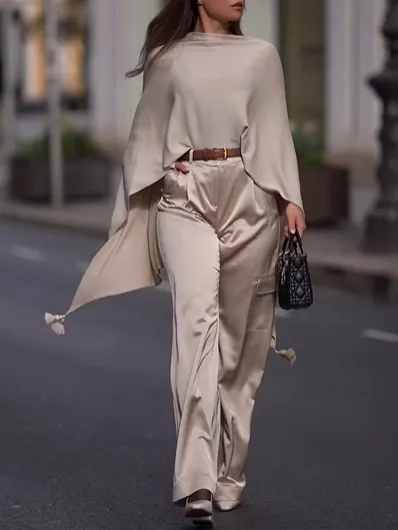 Solid Color Satin Shawl Top & High Waist Pants Set Apricot - Shop at LoveMi