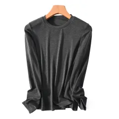 Women's Wool Slim Round Neck Half High Neck Long Sleeve T-shirt - Grey - View 1