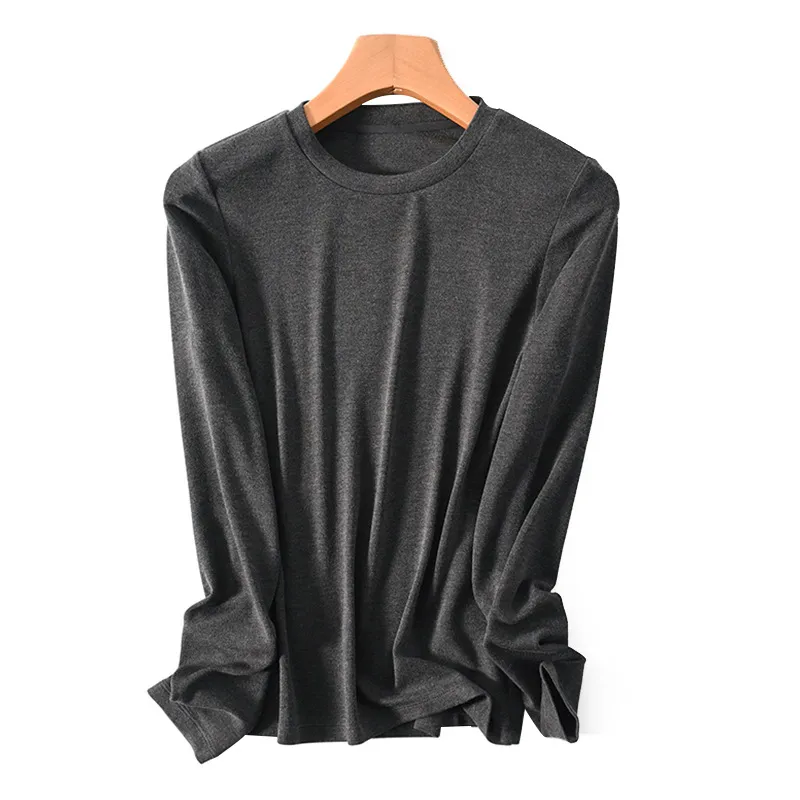 Women's Wool Slim Round Neck Half High Neck Long Sleeve T-shirt - Grey