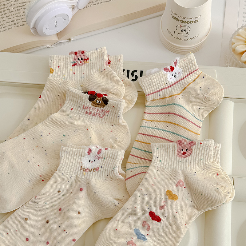 Cartoon Women's Short Socks, Spring & Summer Korean Style, Breathable, Trendy INS Style, Cute Pointelle Yarn Rabbit, Short Tube Low-Cut Invisible Socks