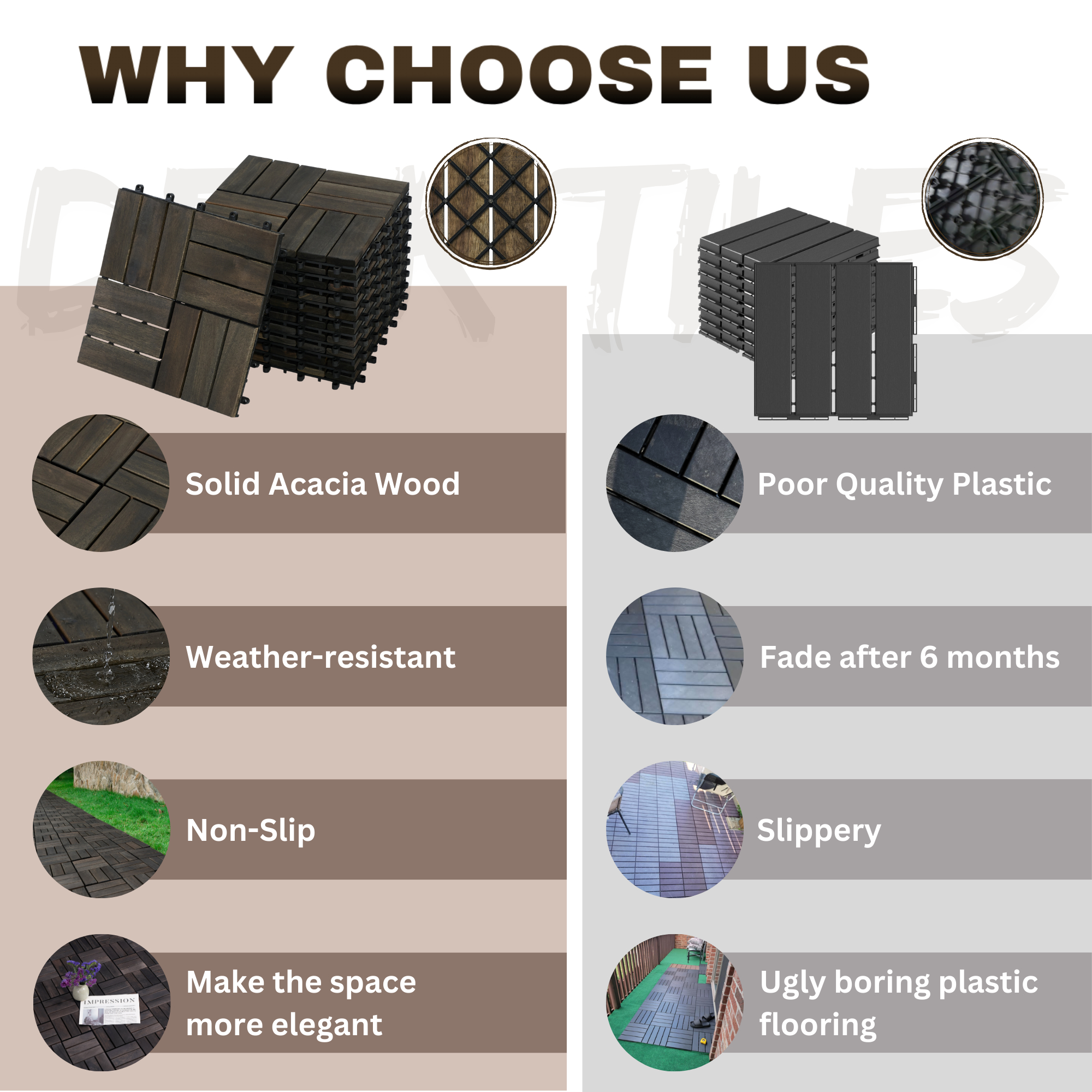 Acacia Wood Interlocking Deck Tiles Checker Pattern, 10PCS 12inch X 12inch Square Dark Brown Acacia Hardwood Outdoor Flooring For Patio, Bancony, Pool Side