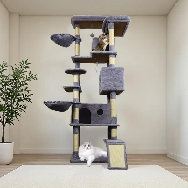 4.6 In Dark Gray Cat Tree Tower With Wide Base, 3 Large Hinding Condo, 11 Sisal Scratching Post, Sisal Scratching Ladder, 2 Hammocks, Large Top Pla... - Shop at LoveMi