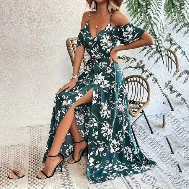 Women's Floral Maxi Dress Cold Shoulder Split Belted A Line Long Summer Dress Green - Shop at LoveMi