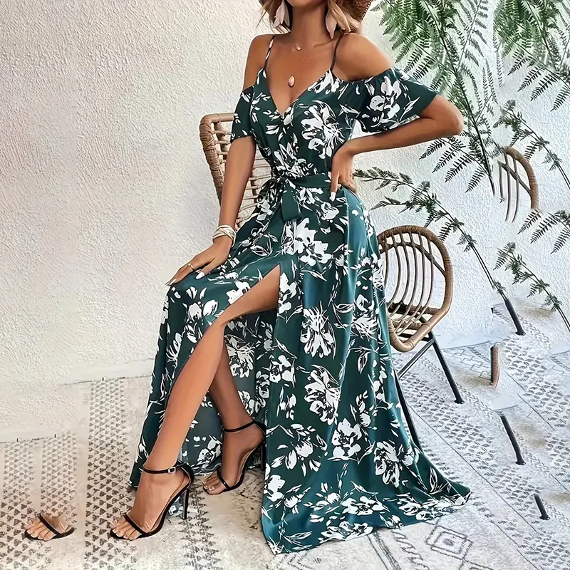 Women's Floral Maxi Dress Cold Shoulder Split Belted A Line Long Summer Dress - Green