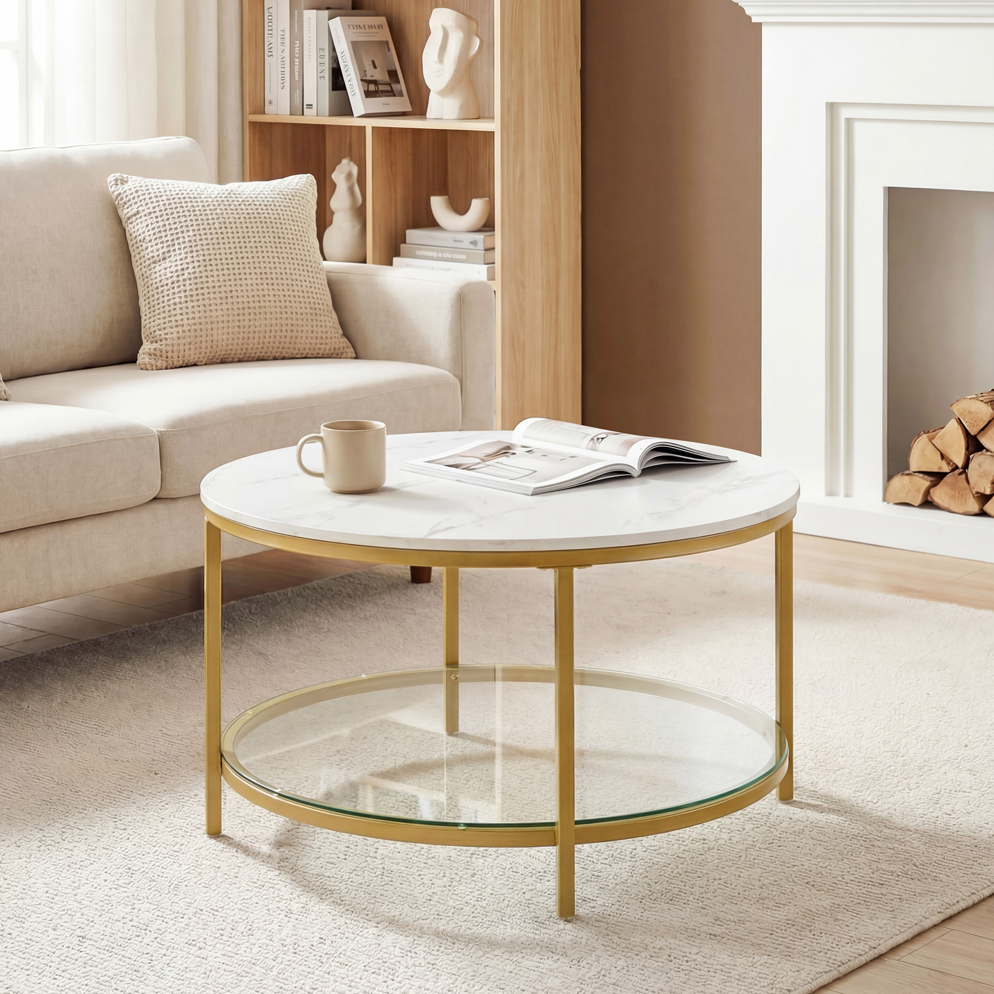 The Living Room Features A Marble Circular Glass Coffee Table, And A Double-layer Circular Transparent Coffee Table With Storage Function.