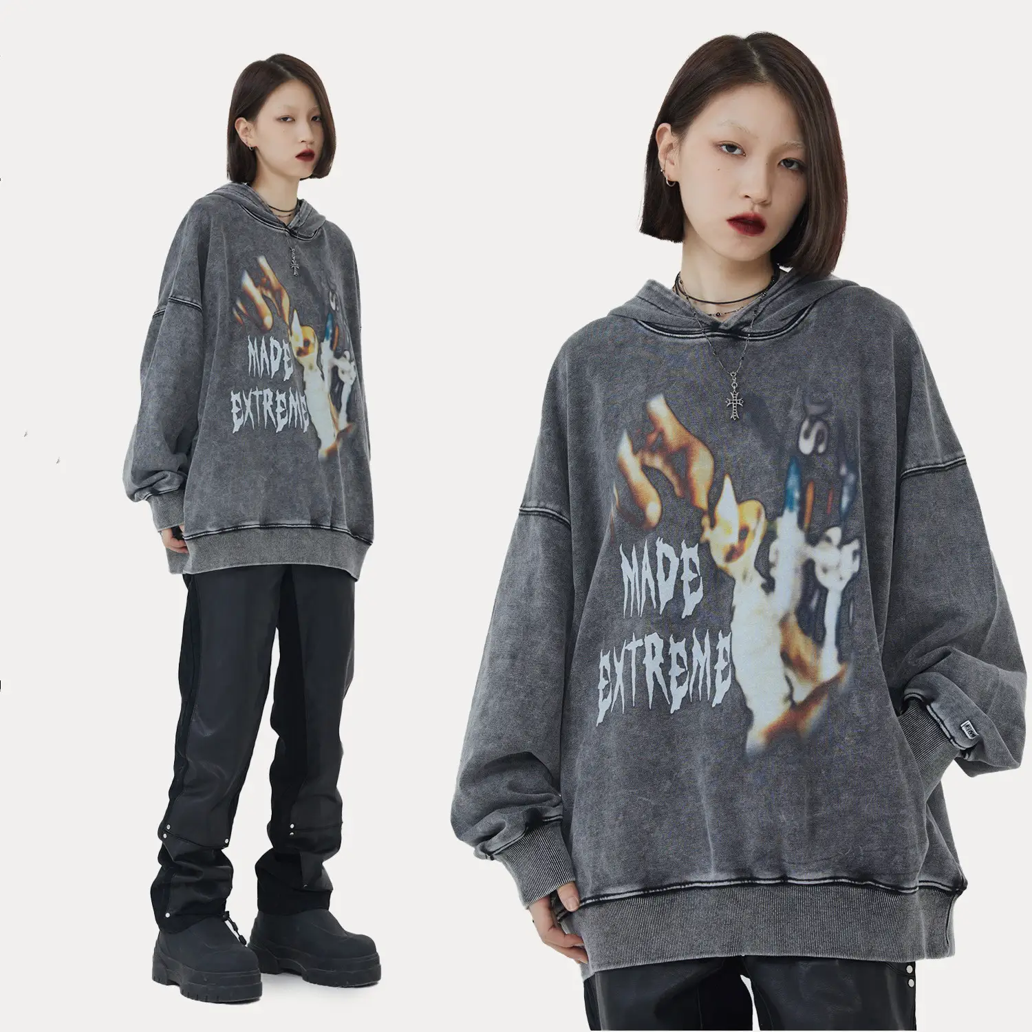Washed And Distressed Hooded Sweatshirt