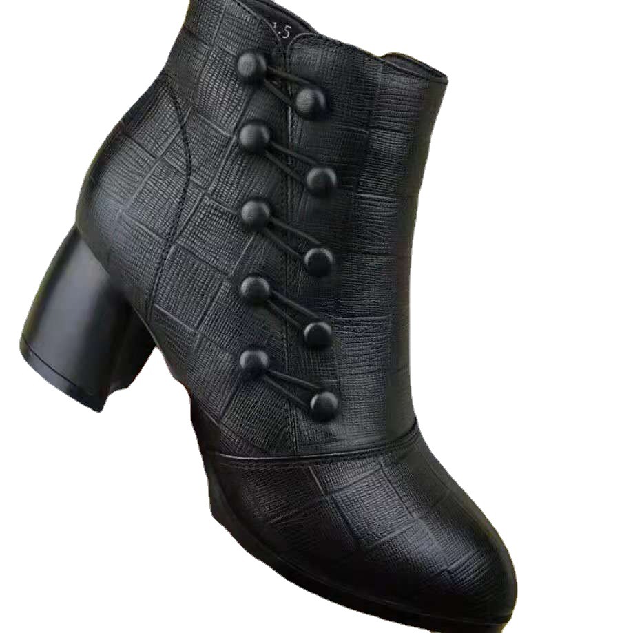 Embossed Double-breasted Martin Boots Women's Pointed Toe Side