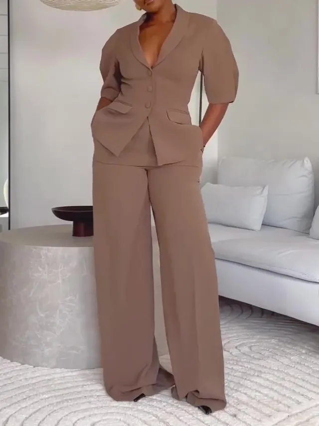 Brown Short sleeved Blazer & High waisted Pants Suit Brown - Shop at LoveMi