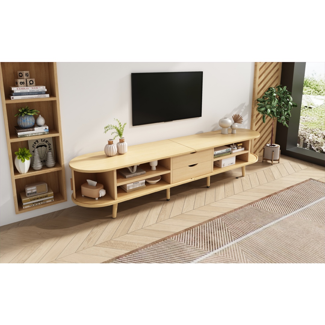 TV Stand With 2 Drawer 2 Sliding Doors 2-Tier Storage Shelf,Oval TV Cabinet — image 5