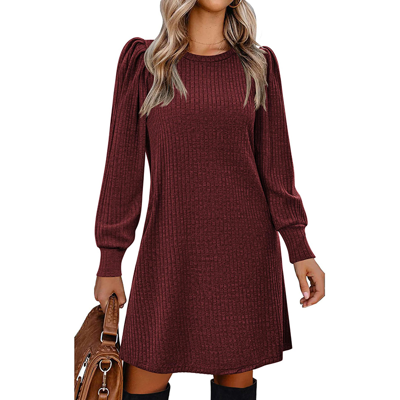 Women's Puff Sleeve Midi Dress Spring Fall Casual Long Sleeve Round Neck Dress Wine - Shop at LoveMi