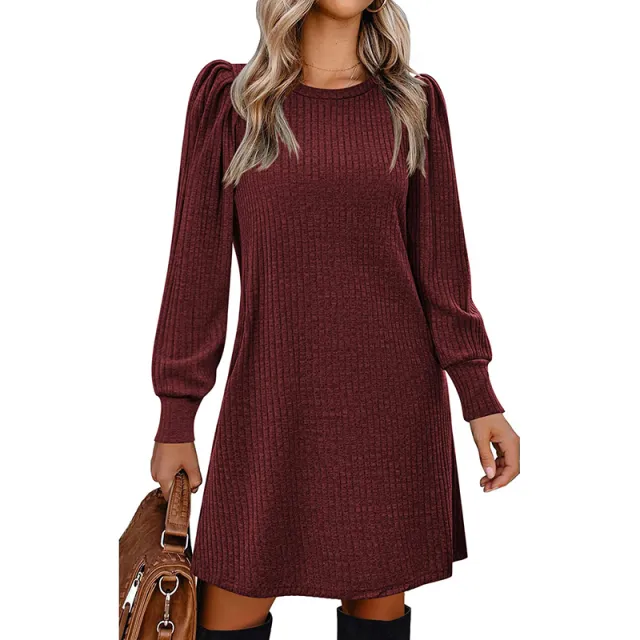 Women's Puff Sleeve Midi Dress Spring Fall Casual Long Sleeve Round Neck Dress Wine Red - Shop at LoveMi