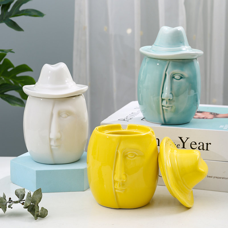 Creative Personality Face Ashtray With Lid Anti Fly Ash Living Room Office Ceramic Ornaments