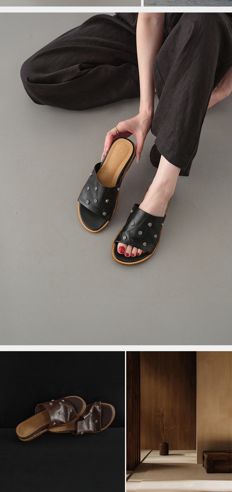 Sarah Express Full Grain Leather Slide Sandals Detail Shot