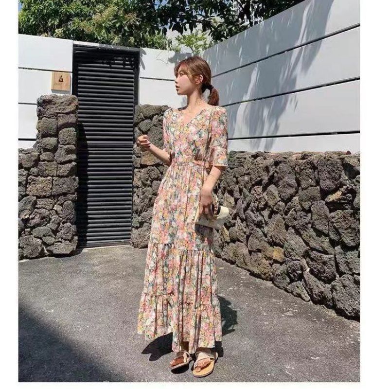 Summer New Style Plus Size Women's Small Floral Long Skirt Holiday Floral Dress