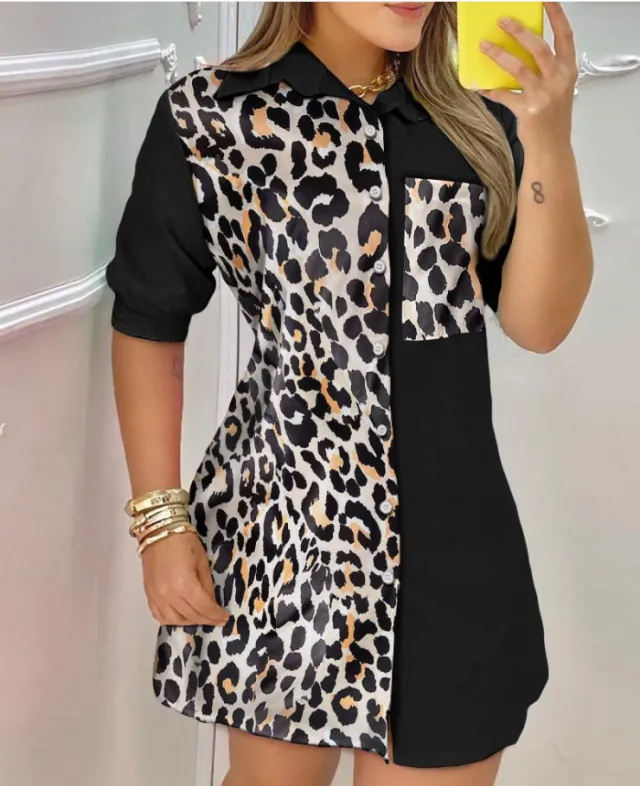 Tie Dye Contrast Blouse With Pocket Buttons Black Leopard Print - Shop at LoveMi