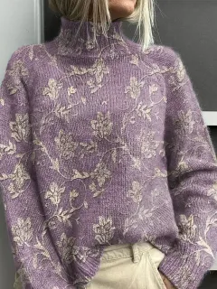 Women's Vintage Floral Print Pullover - Turtleneck Long Sleeve Loose Fit Polyester Top - 4Style - View 1