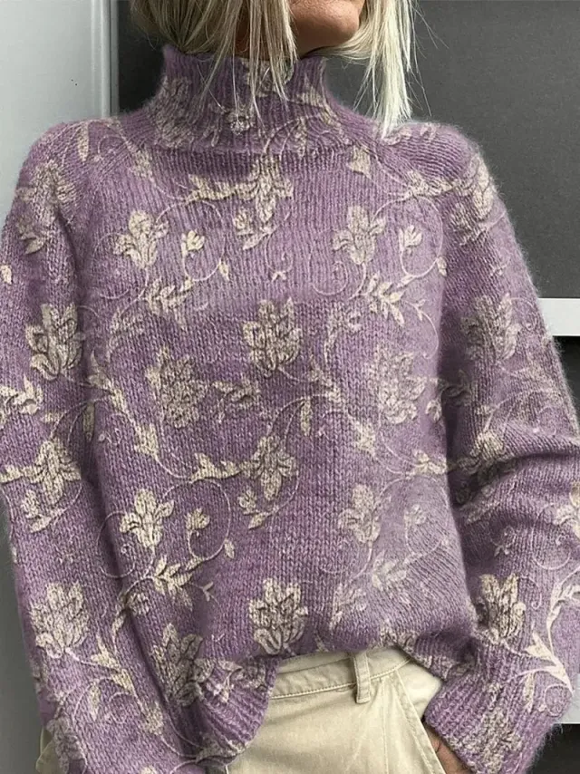Women's Vintage Floral Print Pullover Turtleneck Long Sleeve Loose Fit Polyester Top 4Style - Shop at LoveMi