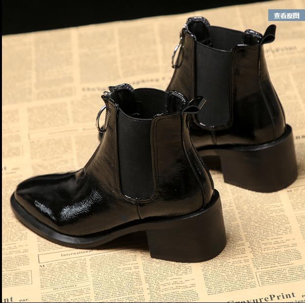Women's Mid-heel Round-toe Zipper Patent Leather Thick-heel Martin Boots