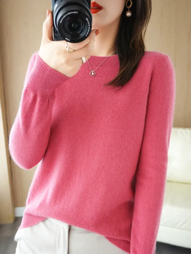 Wool Blended New Women's Loose Round Neck Solid Sweater Rose Pink - Shop at LoveMi