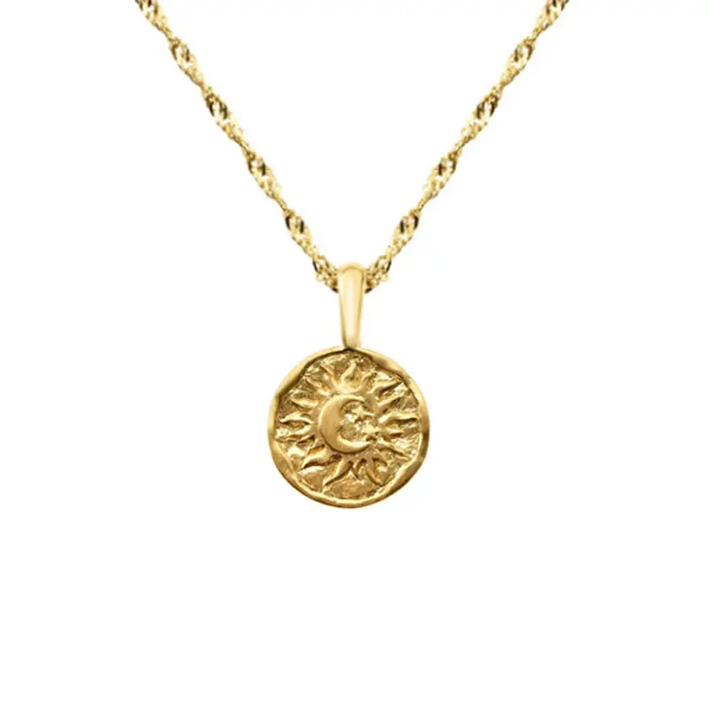 Sterling Silver Sun Moon Round Plate Pendant Clavicle Necklace