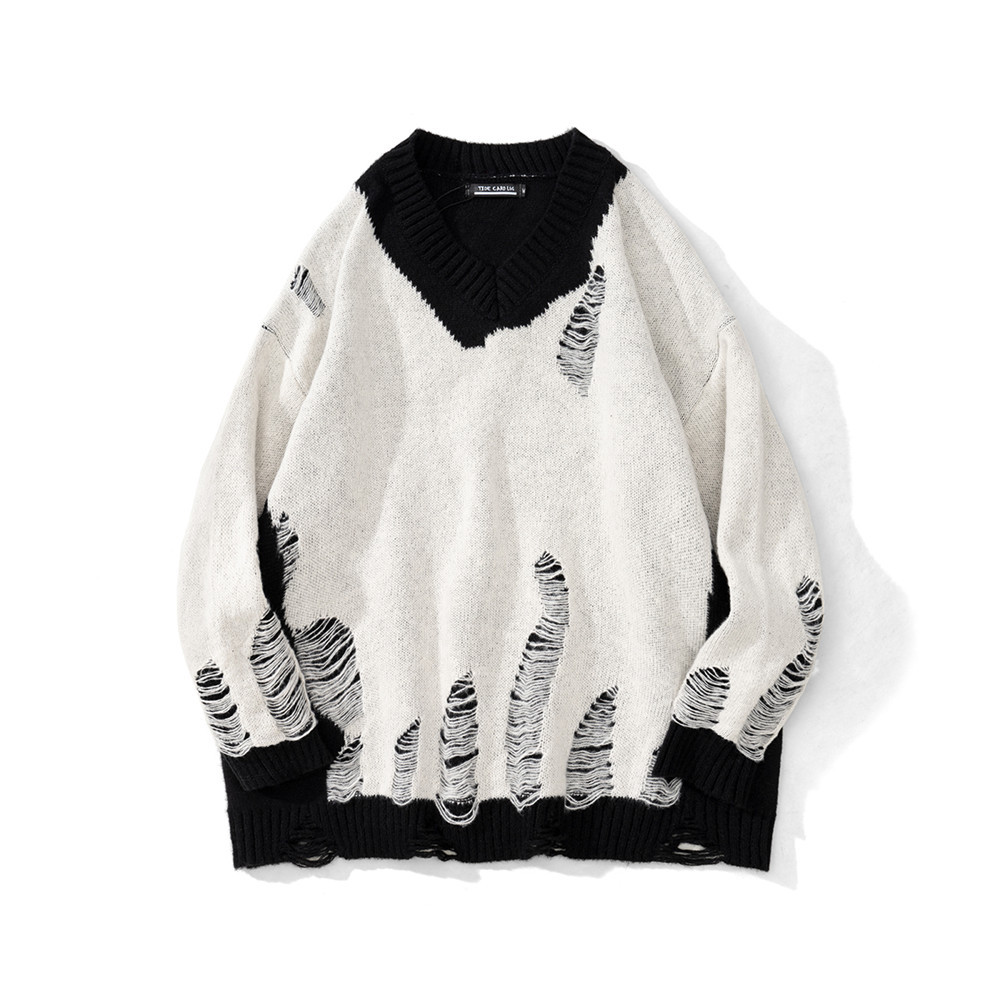 Lazy Wind Color Matching Hole Beggar Sweater