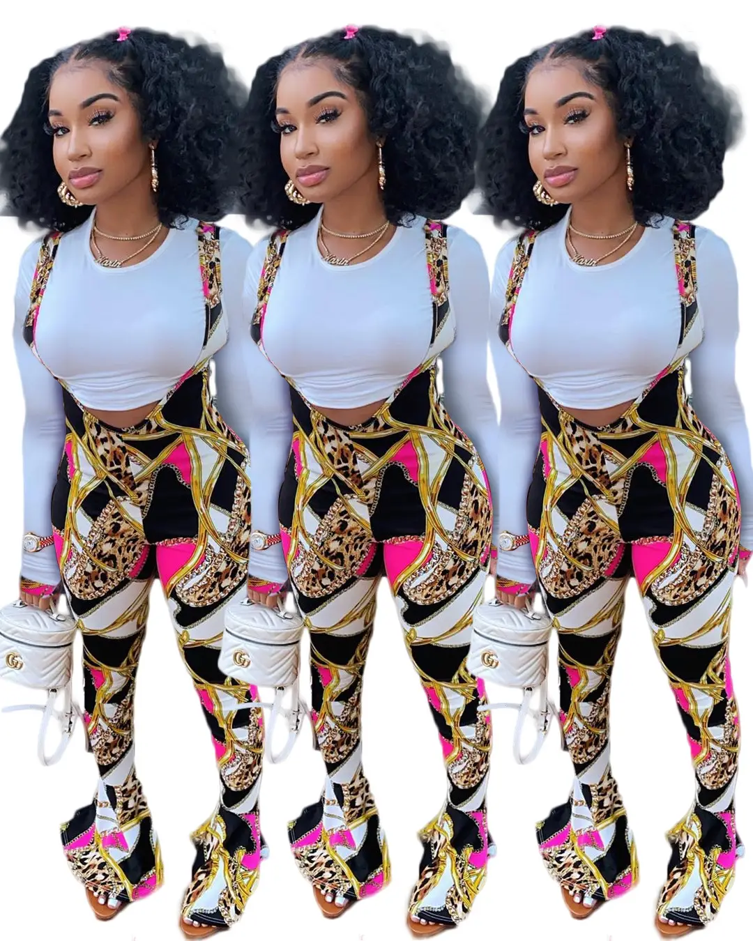 Fashion Print Flared Slim Bib Set