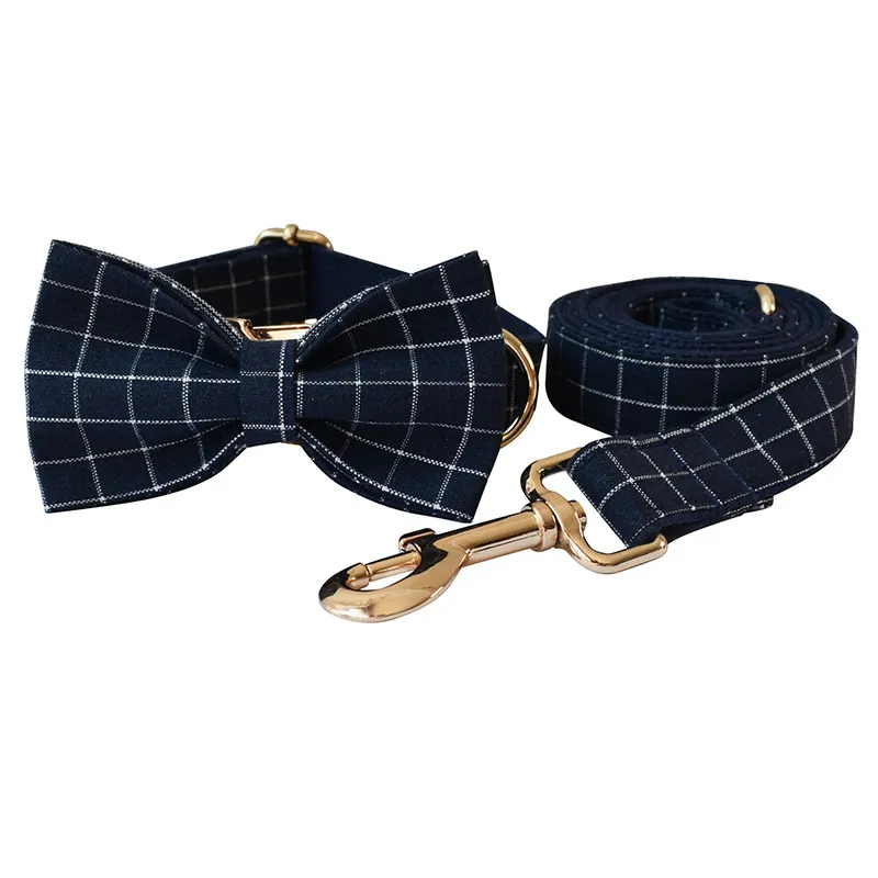 Navy Blue Plaid Gold Button Dog Collar Alloy Buckle - Bow Collar Leash Set
