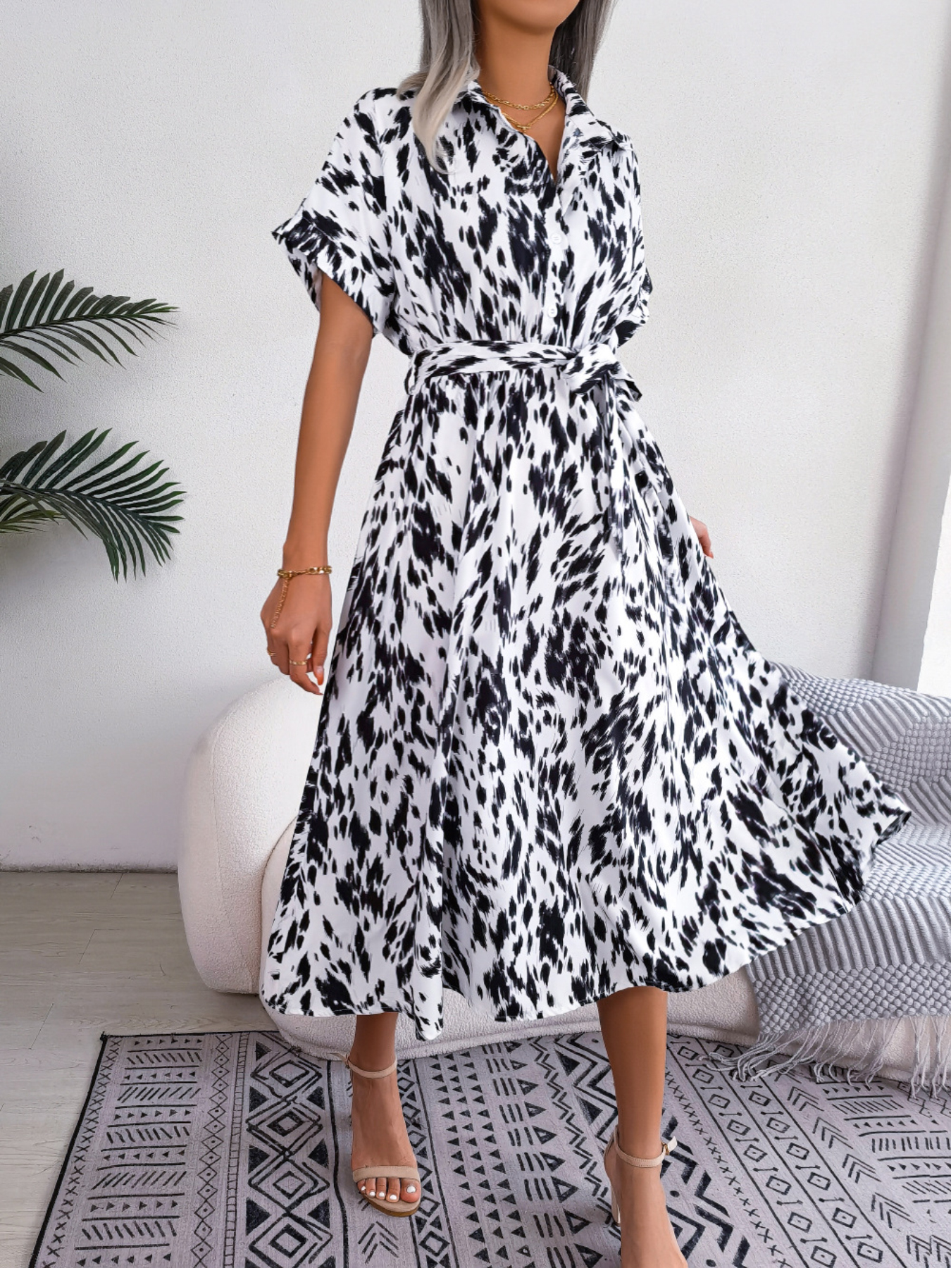 Women's Casual Loose Leopard Print Tie Waist Shirt Dress - Image 18