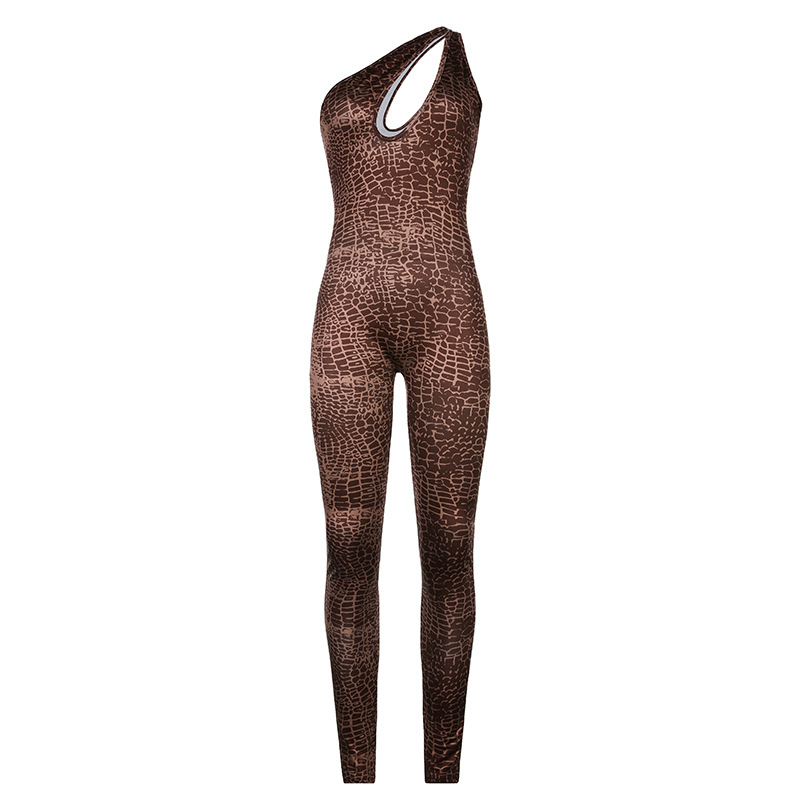Cutout Snake Print Skinny Hip Lift Jumpsuit Brown - Shop at LoveMi