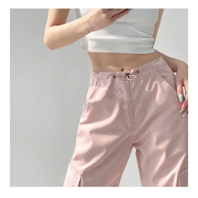 Low waisted Drawstring Three dimensional Pocket Work Pants For Women Pink - Shop at LoveMi