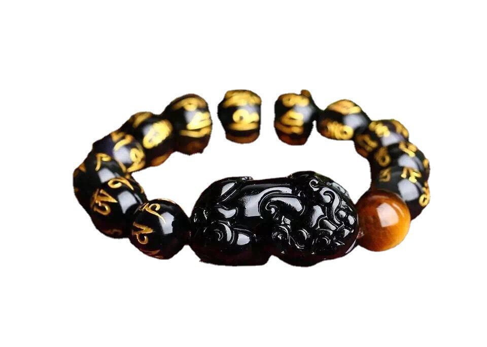 Pixiu With Obsidian Round Hot Stamping Six-character Mantra Single Circle Bracelet