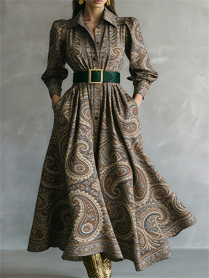 Waist-cinching Shirt Collar Casual Long Dress