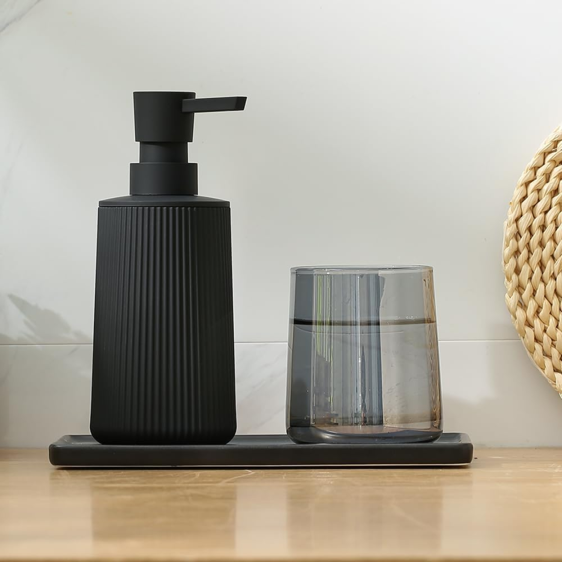 Small Soap Dispenser For Bathroom And Kitchen Modern Farmhouse Striped Style Plastic Hand Soap Dish Soap Dispenser With Pump Matte Black 6